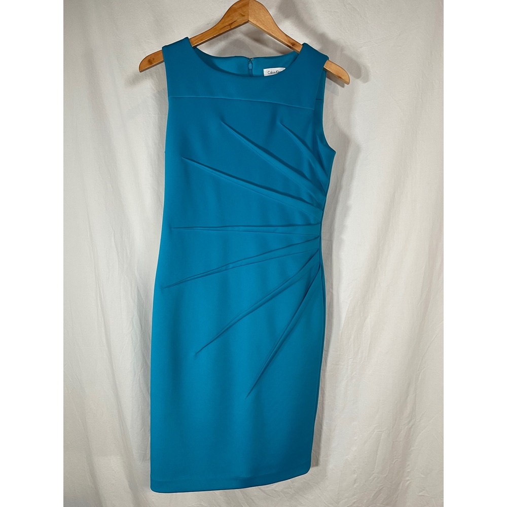 Calvin Klein Women Turquoise Blue Pleated Sheath Dress Sleeveless Size 8